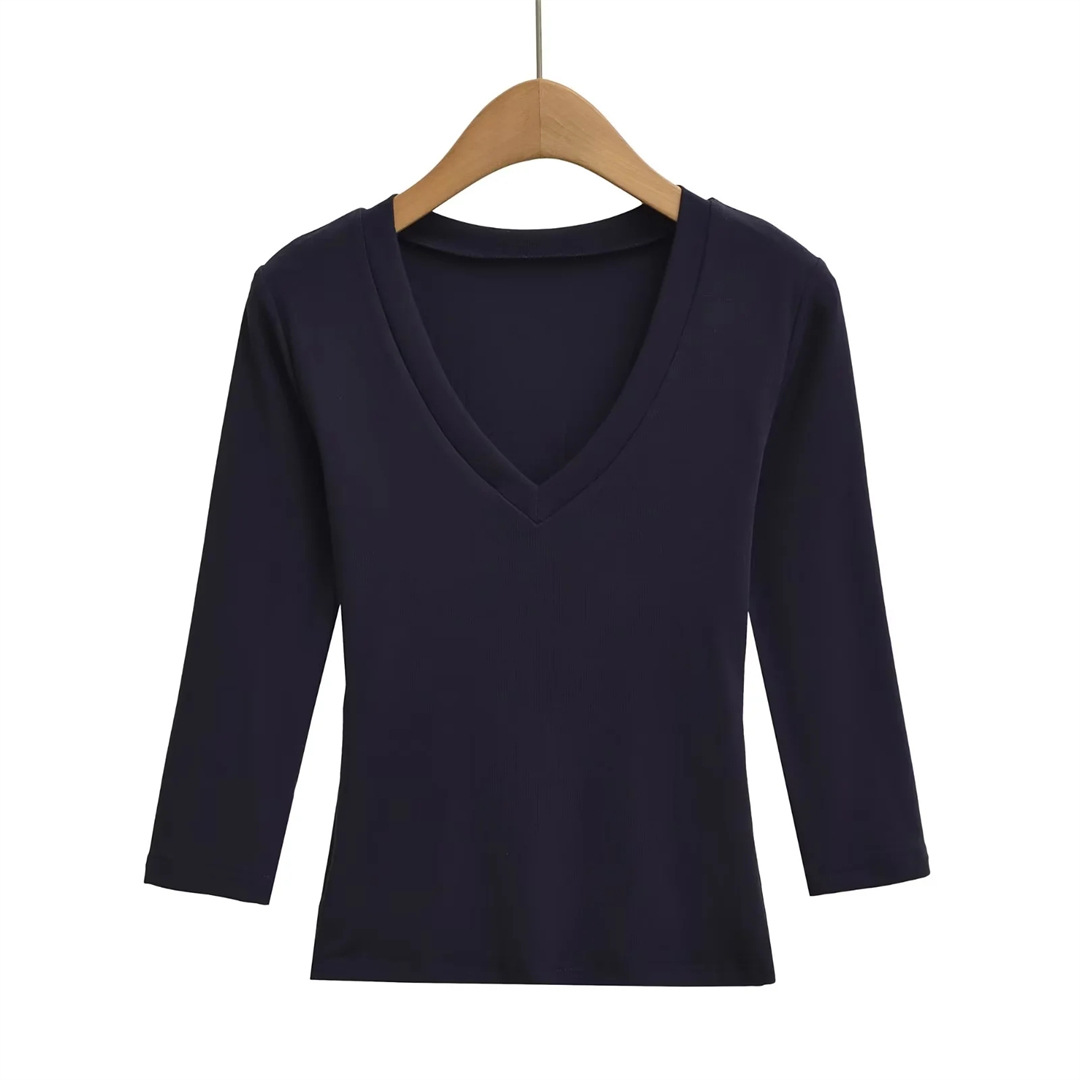 Ladies Streetwear Plain Stretch Elbow-Length Plunge Layering Tee