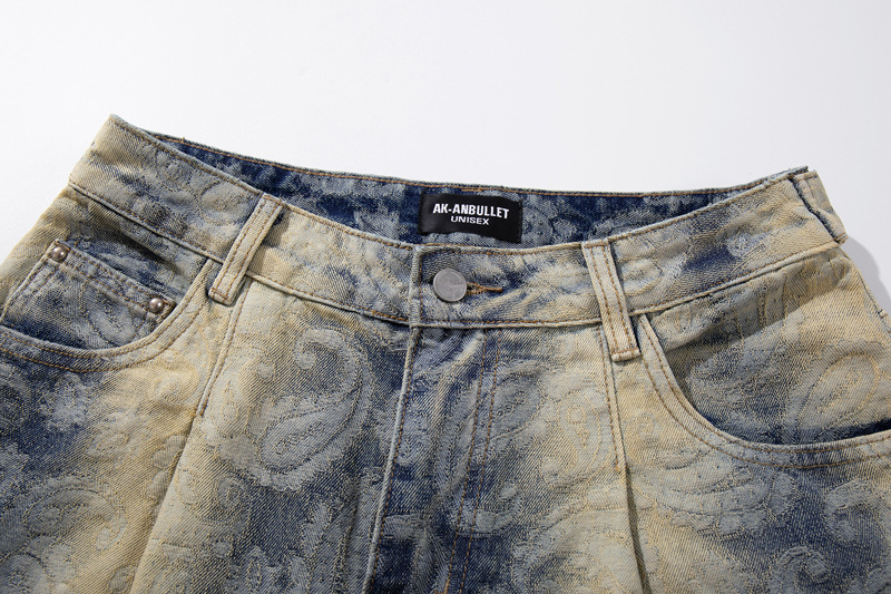 Street Washed Spray Monkey Jacquard Gradient Knife-Edge Denim Pants Men Women High-Quality Fashion Brand Wide-Leg Pants