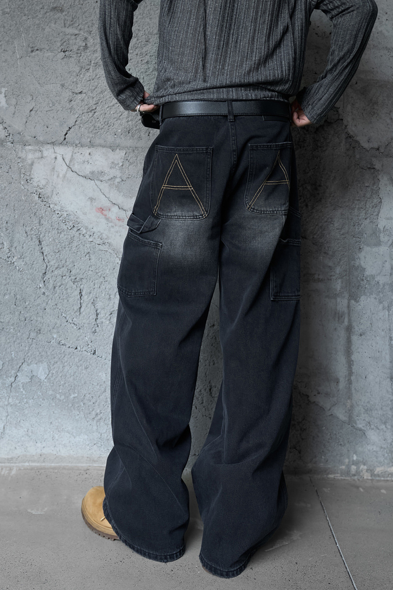 Loose Washed Multi-Pocket Straight Leg Wide Leg Jeans Unisex Loose Versatile Drapey Long Pants
