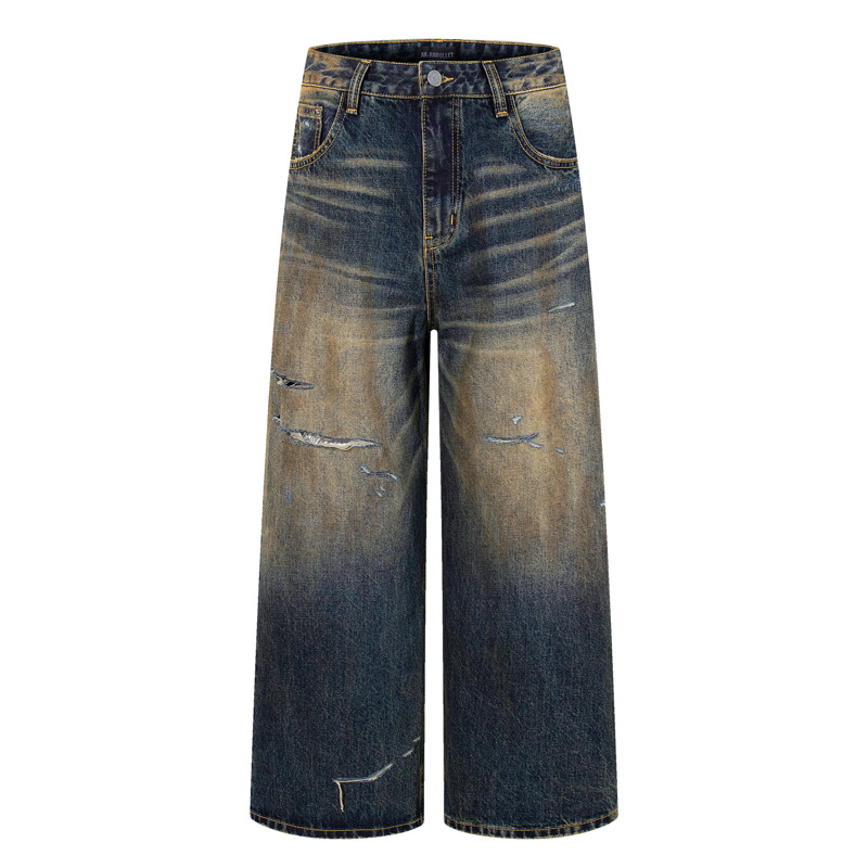 Vintage Washed Ripped Street Style Dagger Cut Denim Pants, Unisex Loose Clean Fit Wide Leg Floor-Length Trousers
