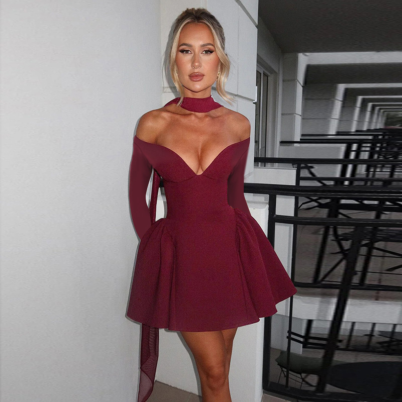 Curve-Defining Flared V-Neck Full Sleeve Dress