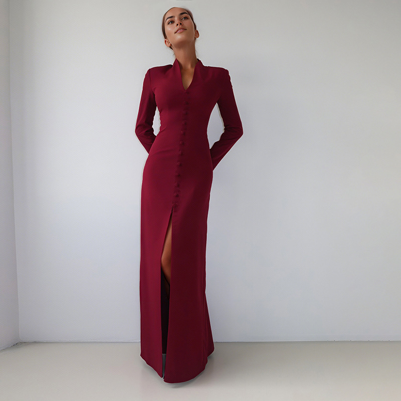 Plunging Neckline Long Sleeve Cinched Torso Vented Dress