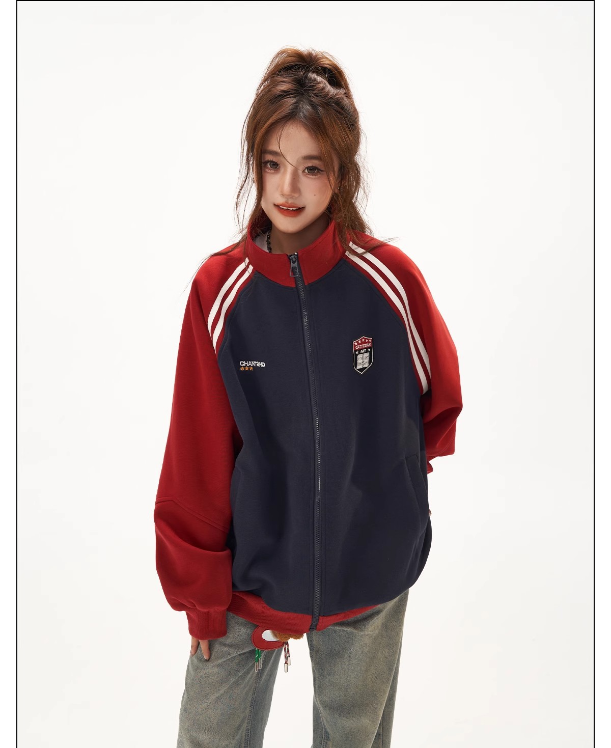 Retro Jacket for Women, High-End Patchwork Raglan Sleeve Hoodie Cardigan, Versatile Stand-Up Collar Top