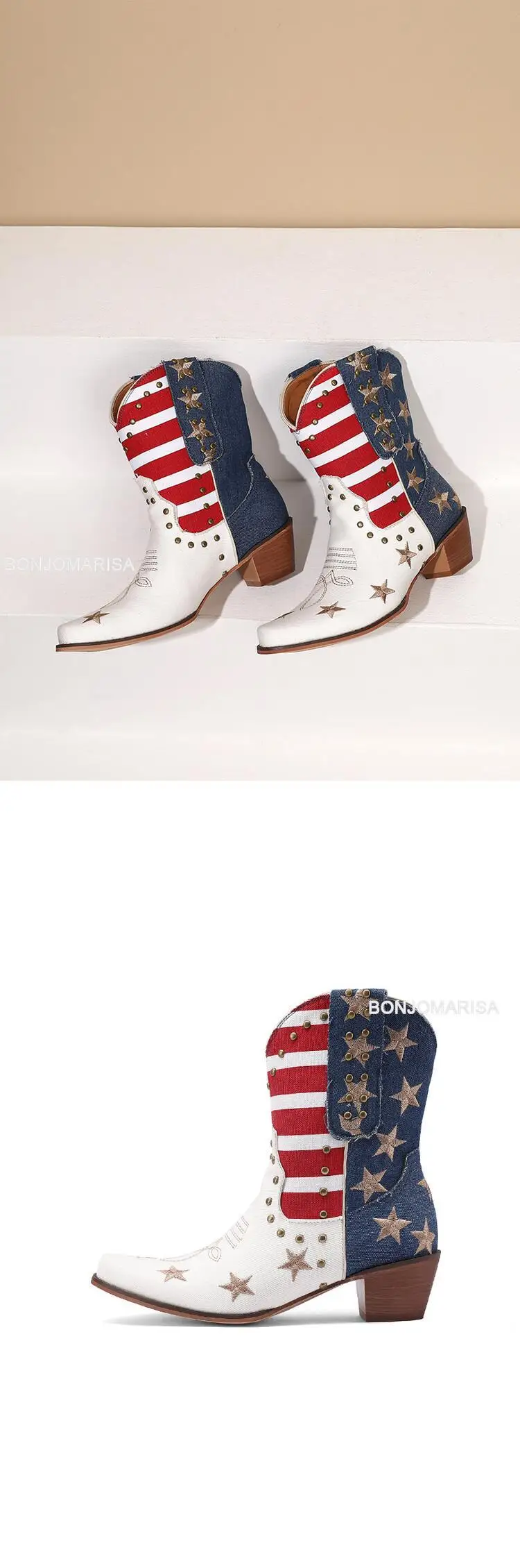 Cowboy Boots For Women Ankle Western Boots Cowgirls Rivet Star Design Fashion Block High Heeled Shoes Pointed Toe