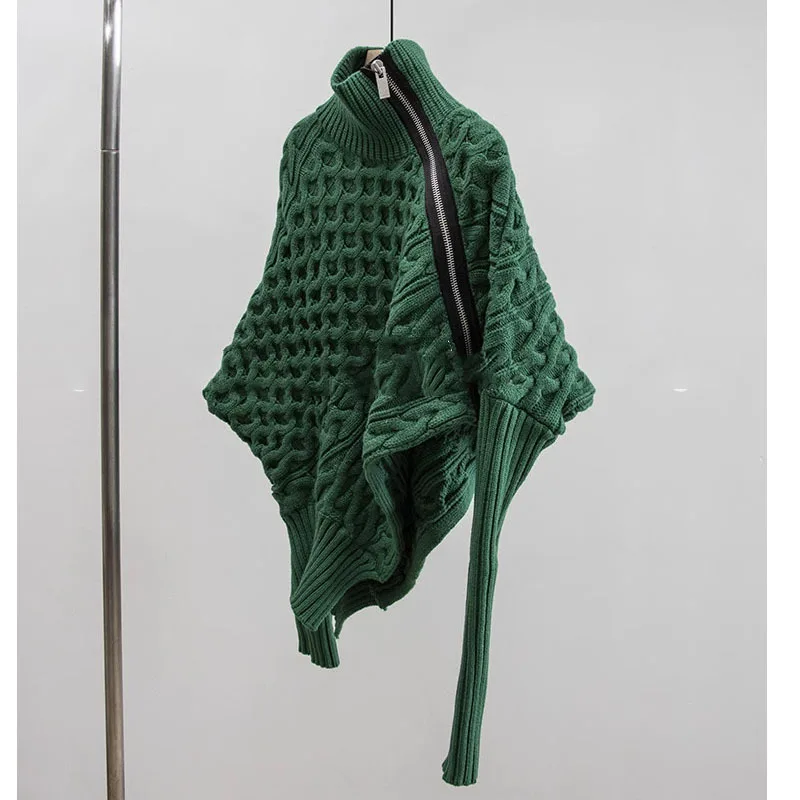 Oversized Zip-Front Polyester Cardigan Asymmetric Neckline