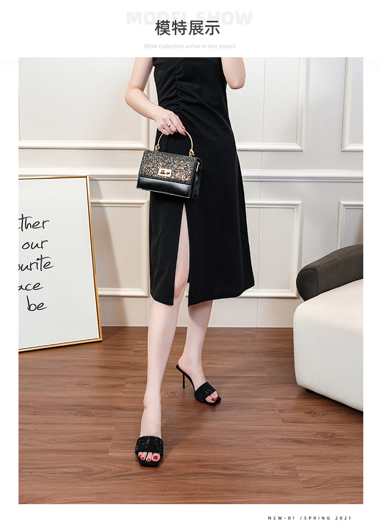 Square toe black rhinestone strap sandals stiletto high heel sandals for women