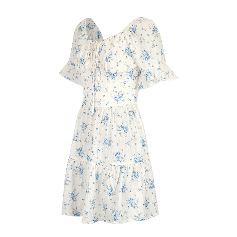 U Neck Puff Tie Waist Frilled Midi Dress