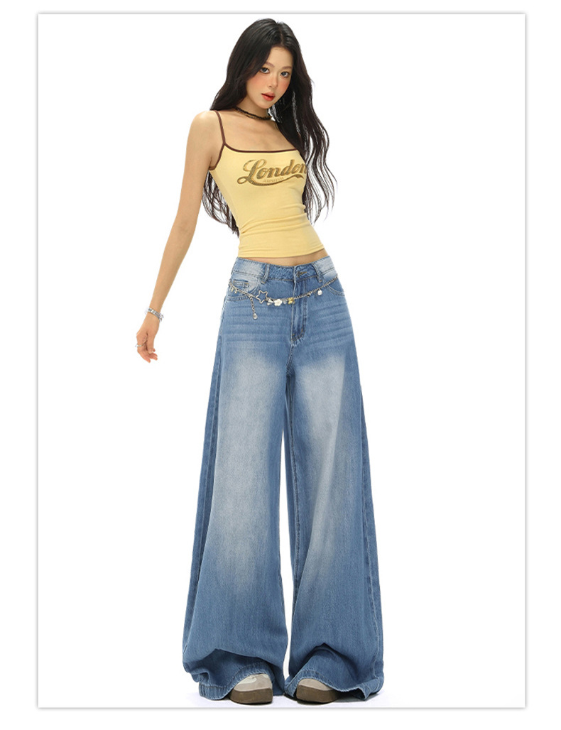 Light Blue High-Waisted Loose Fit Wide-Leg Jeans for Women, Casual Floor-Length Straight Leg Pants