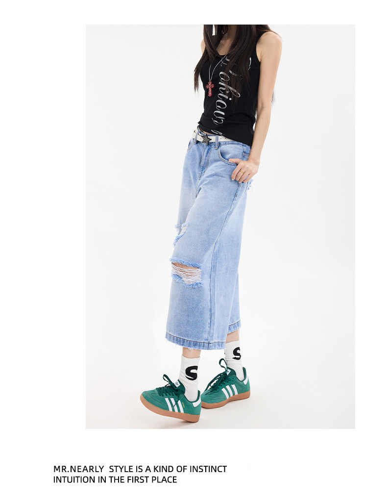 Black Gray Hole Seven-Point Denim Pants Women Vintage Wide-Leg Straight Leg Pants High Street Trendy