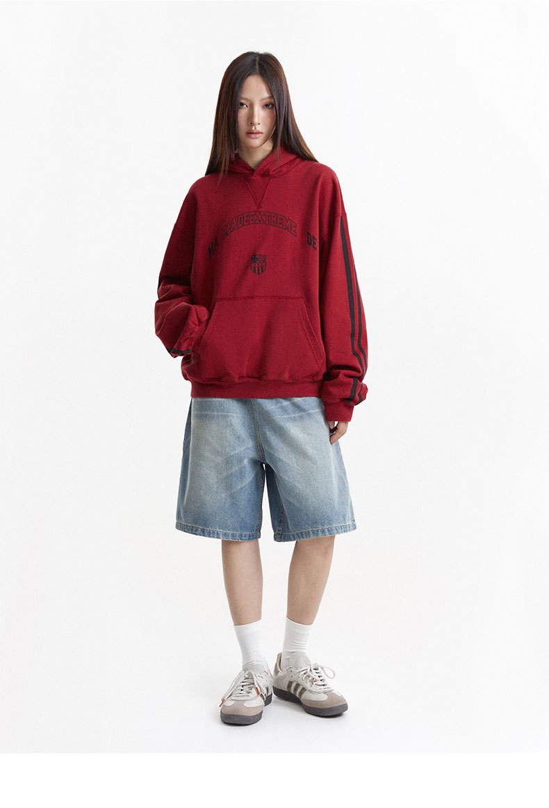 Vintage Letter Print Loose Fit Casual Hooded Sweatshirt
