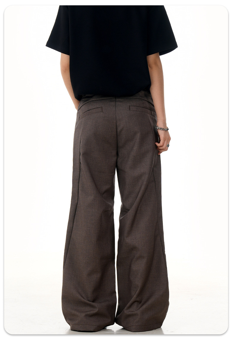 Flared Brown Trousers with Pleated Retro Design Loose Fit Casual Slim Long Pants