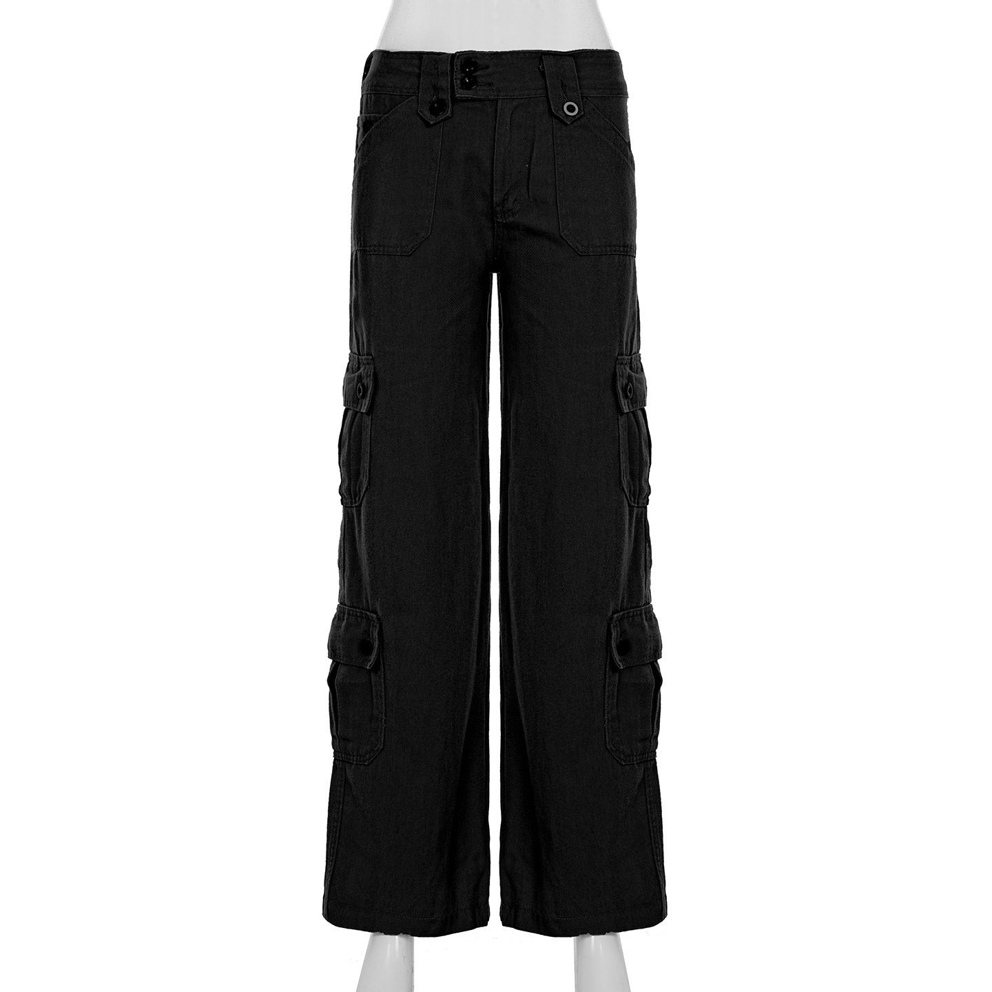 Low waisted workwear women's double row buckle multi pocket splicing straight leg wide leg jeans