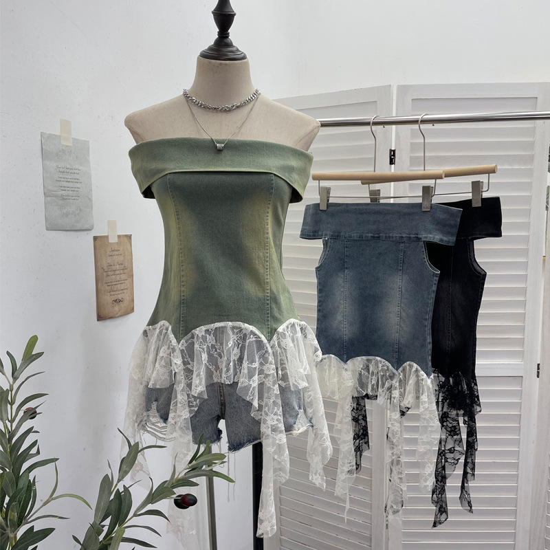 Sexy Asymmetric Denim Crewneck Top