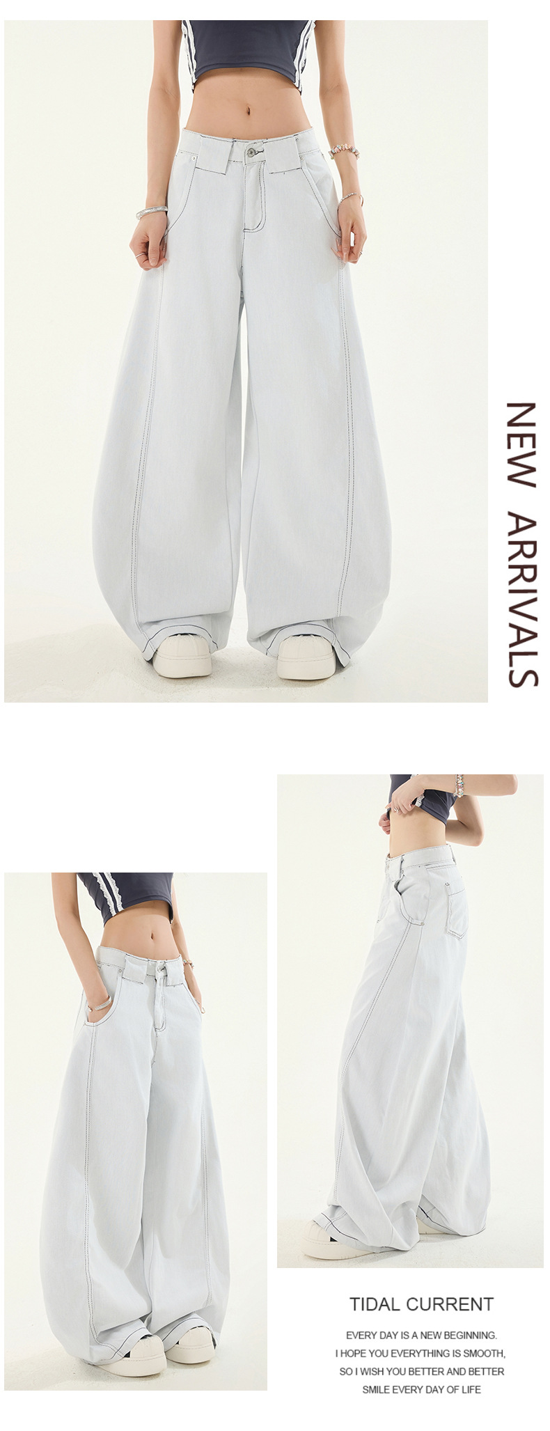 Low-Waist Knife-Edge White Jeans for Women Summer New Loose Straight High Street Wide Leg Pants
