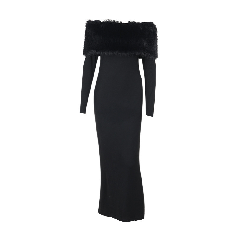 Ladies' Fitted Straight Neck Three-Quarter Sleeve Long Dress