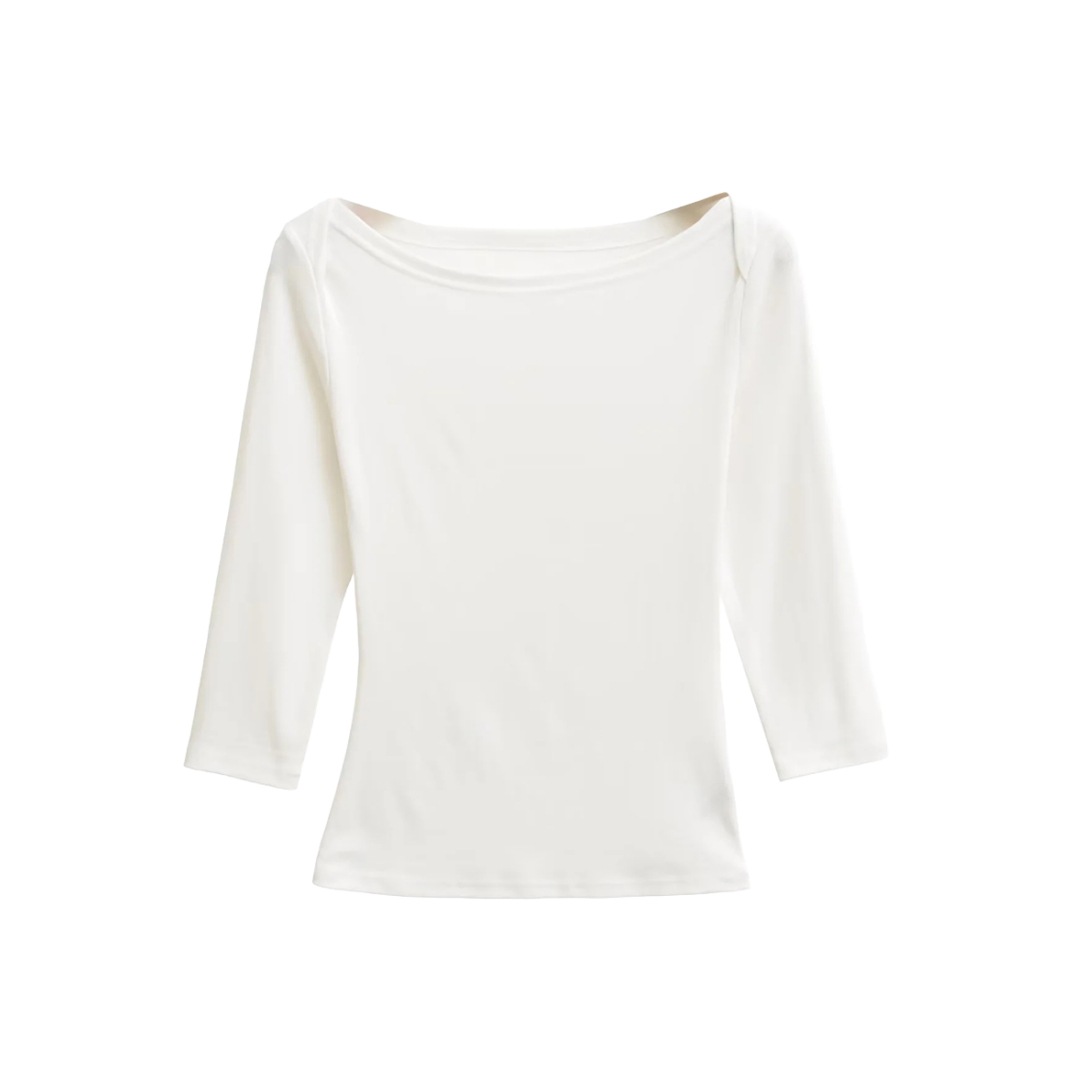 Slim Fit Plain Asymmetric Neck Elbow-Length Midriff Tee