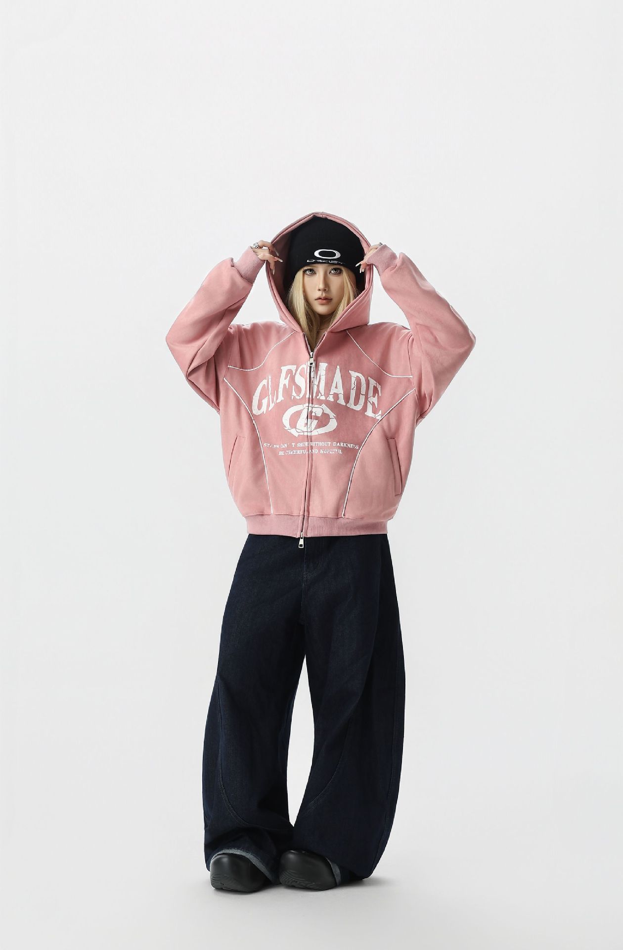 Loose Streetwear Patterned Hood Zipper Sweatshirt