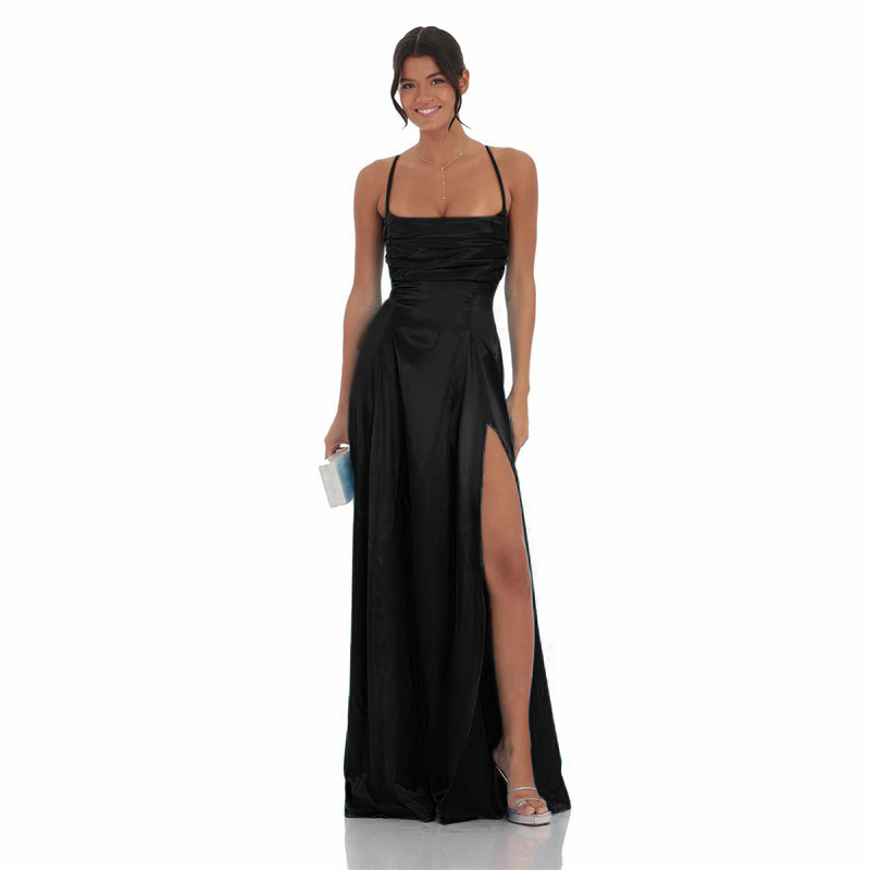 Polyester Box Neck Gathered Split Dress