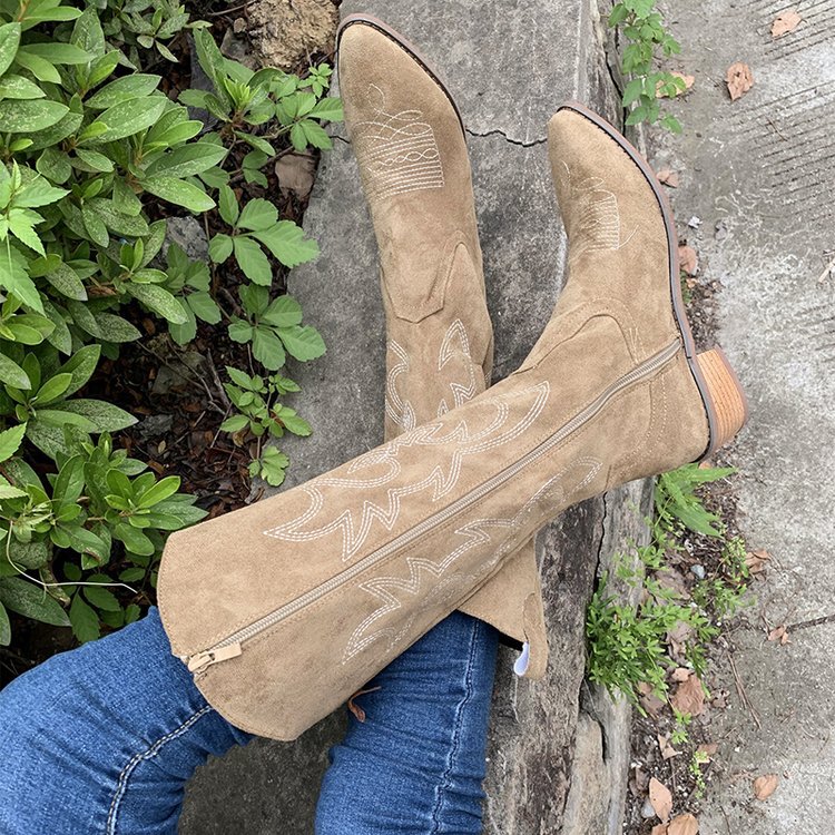 Brown thick heeled mid calf knight boots short boots Western cowboy