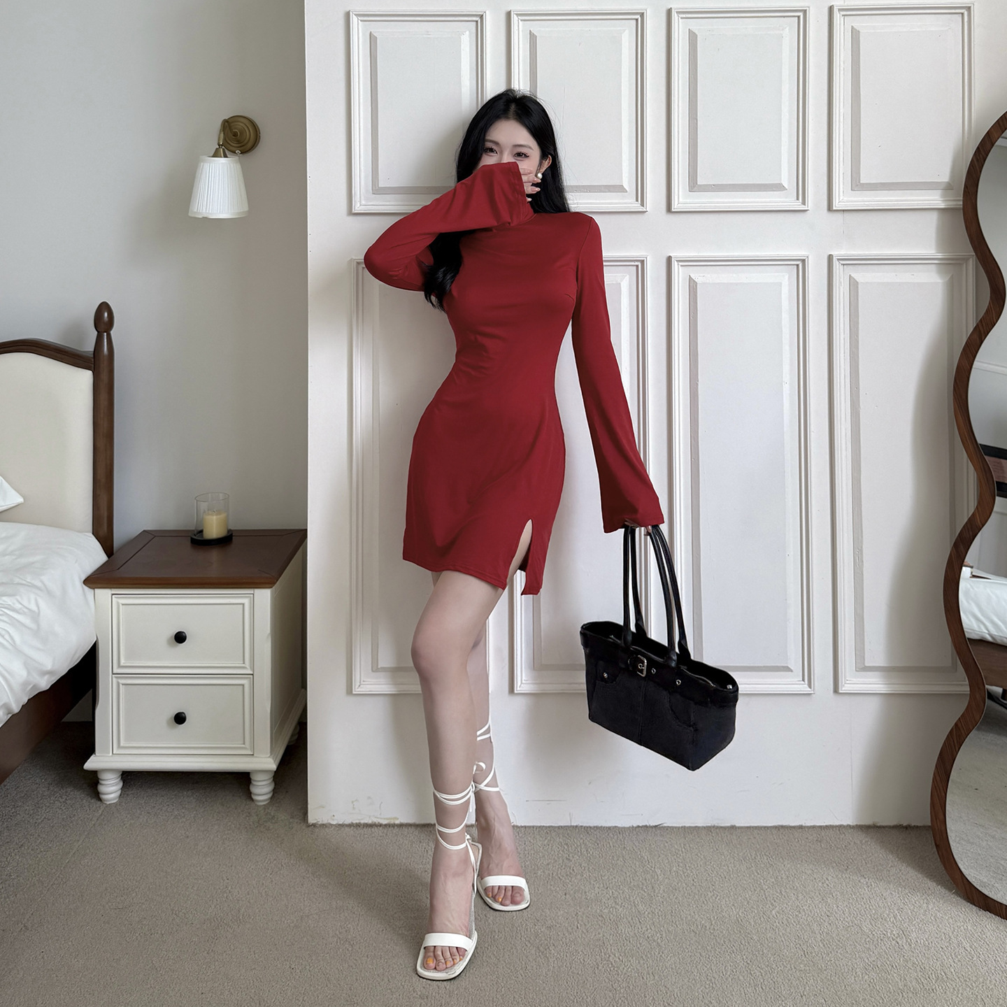 Mock Collar Solid Split Hem Bodycon Dress