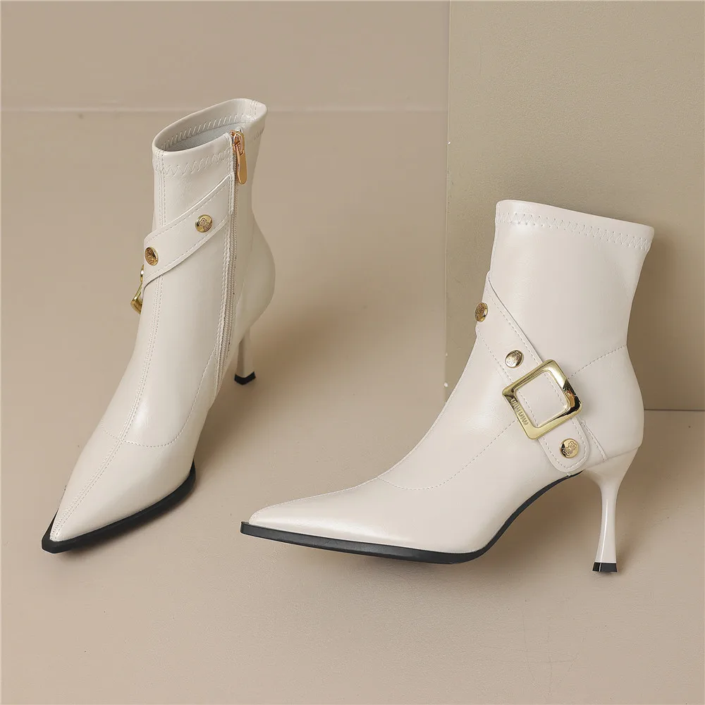 Pointed Toe Women Cow Leather Ankle Boots Thin Heels Zippers Solid Color Metal Rivet Dress Party Shoes