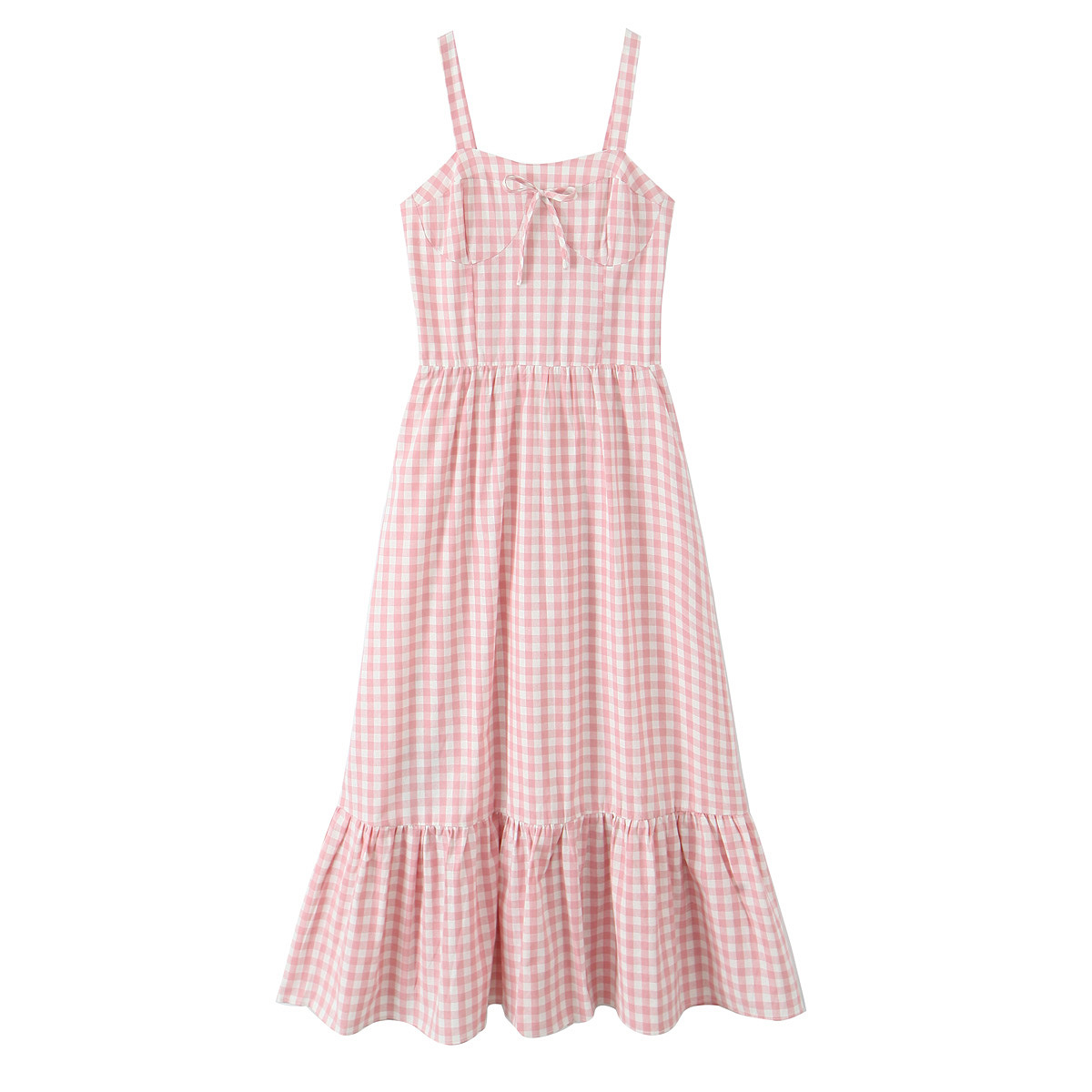 Plaid Belted Bow Suspenders Flared Hem Dress