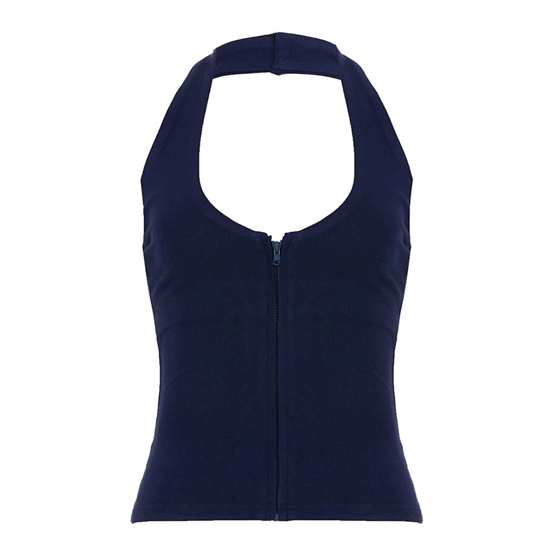 Sexy Low-Cut Zipper Halter Knitted Strap Women's Pure Color Versatile Elegant Slim Top