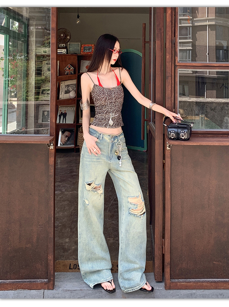 Women's Thin Straight Hole Jeans High Waist Slim Narrow Leg Wide Leg Pants