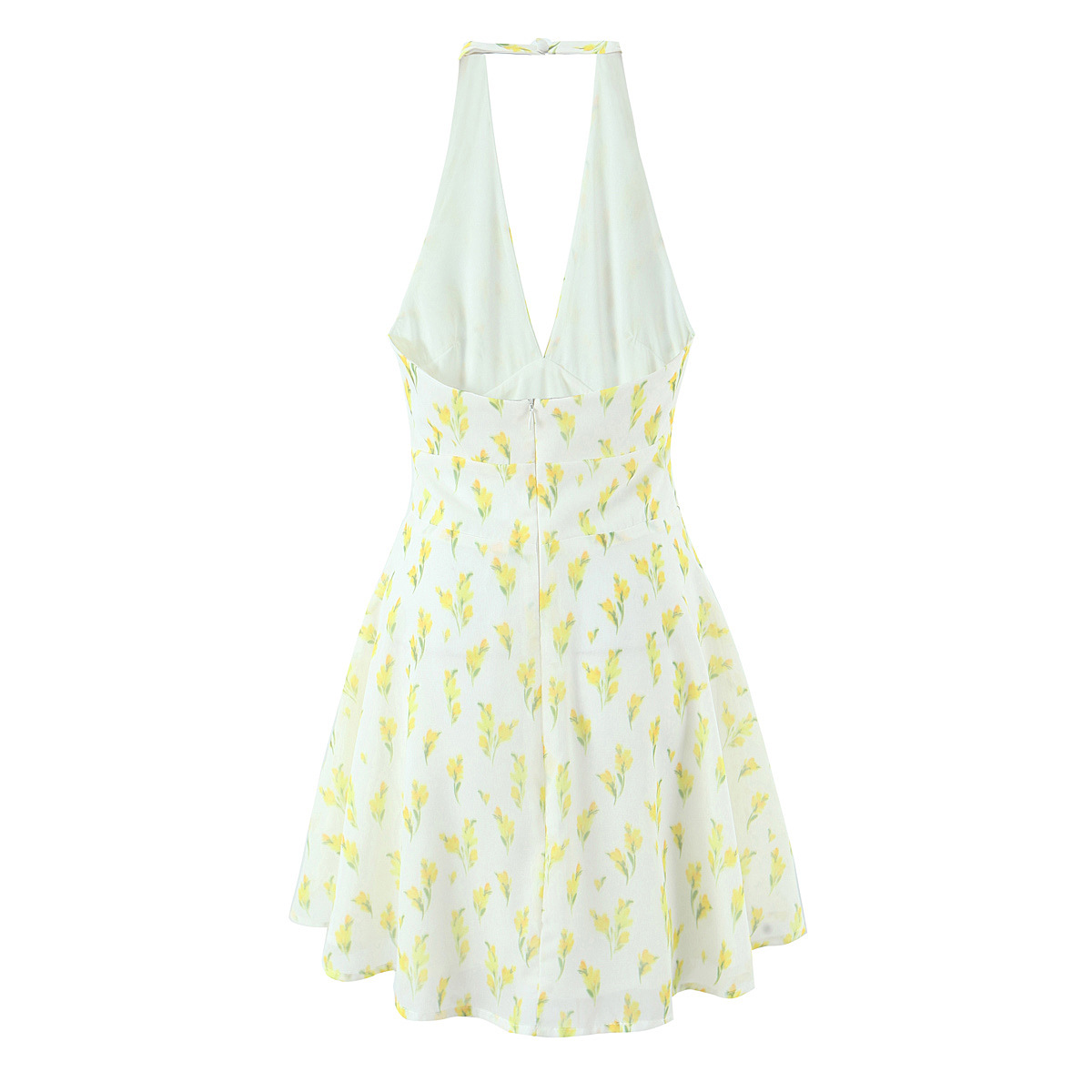 Printed deep V backless hanging neck waist dress