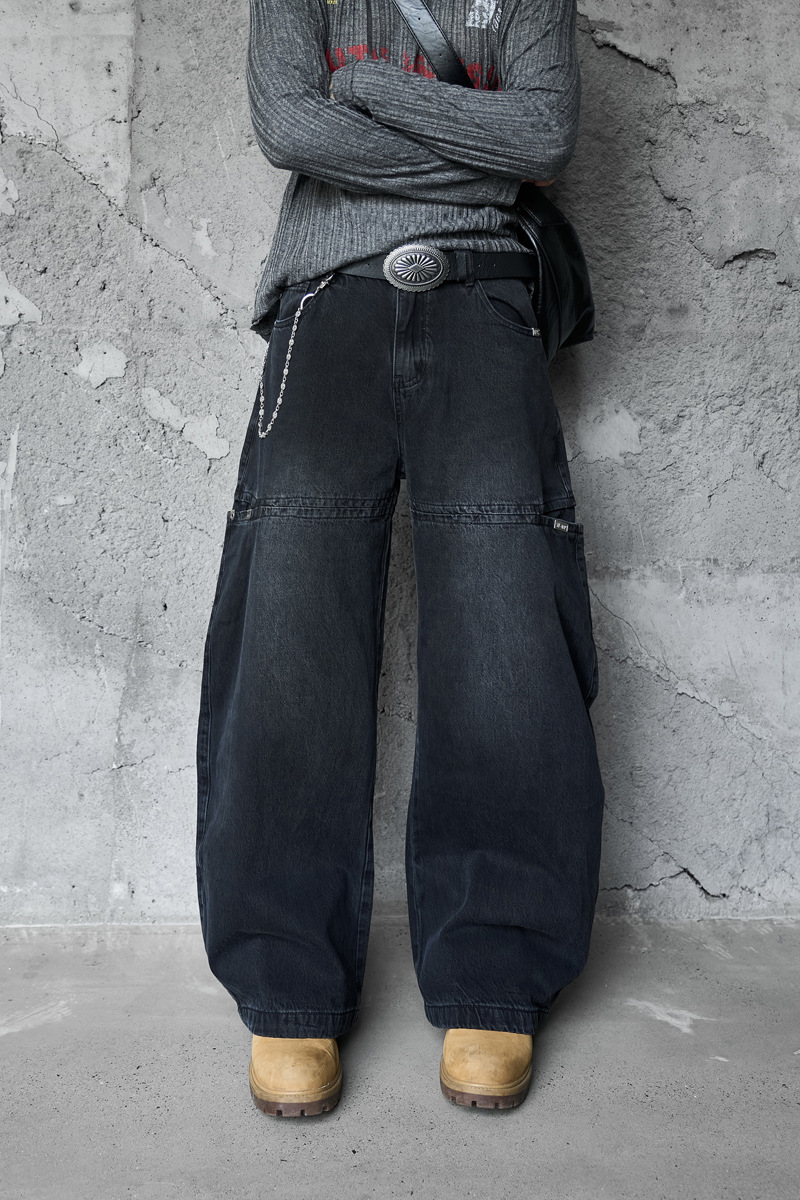 Streetwear Style Hip Hop Trendy Casual Black Knife Pants Ins Autumn Vintage Washed Loose Jeans