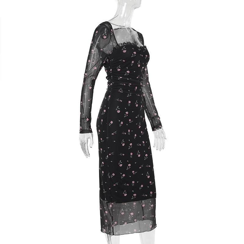 Vintage Square Neck Full-Sleeve Fitted Elastic Polyester Dress