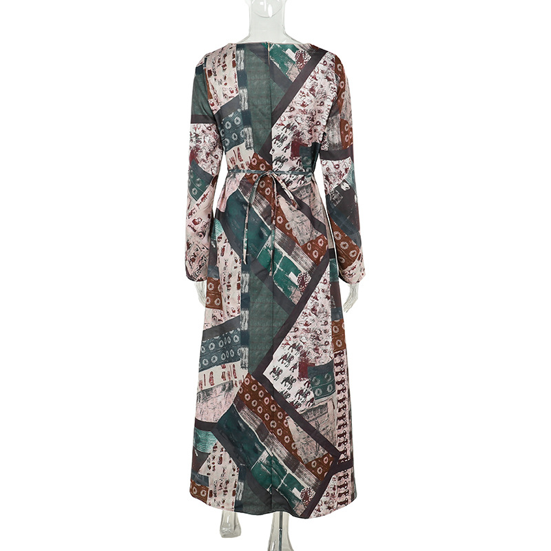 Stretch Vintage Fall Patterned Plunge Long Sleeve Dress