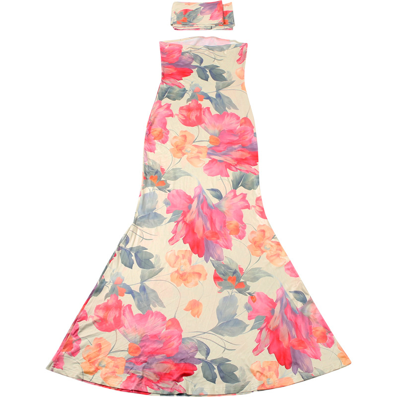 Patterned Drape Neck Open Back Bare Shoulder Dress