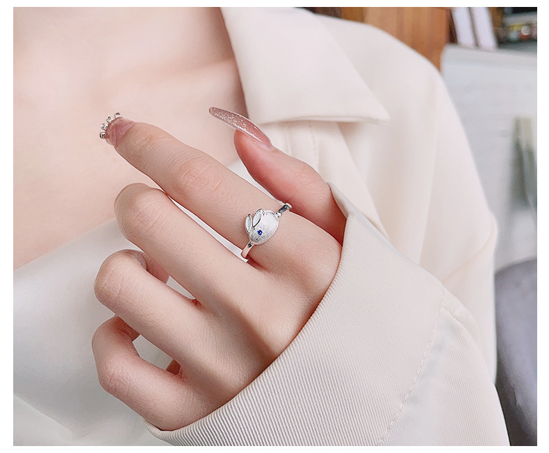 S925 Sterling Silver Little Fresh Rabbit Year of Life Cute Little White Rabbit Jade Rabbit Style Open Ring