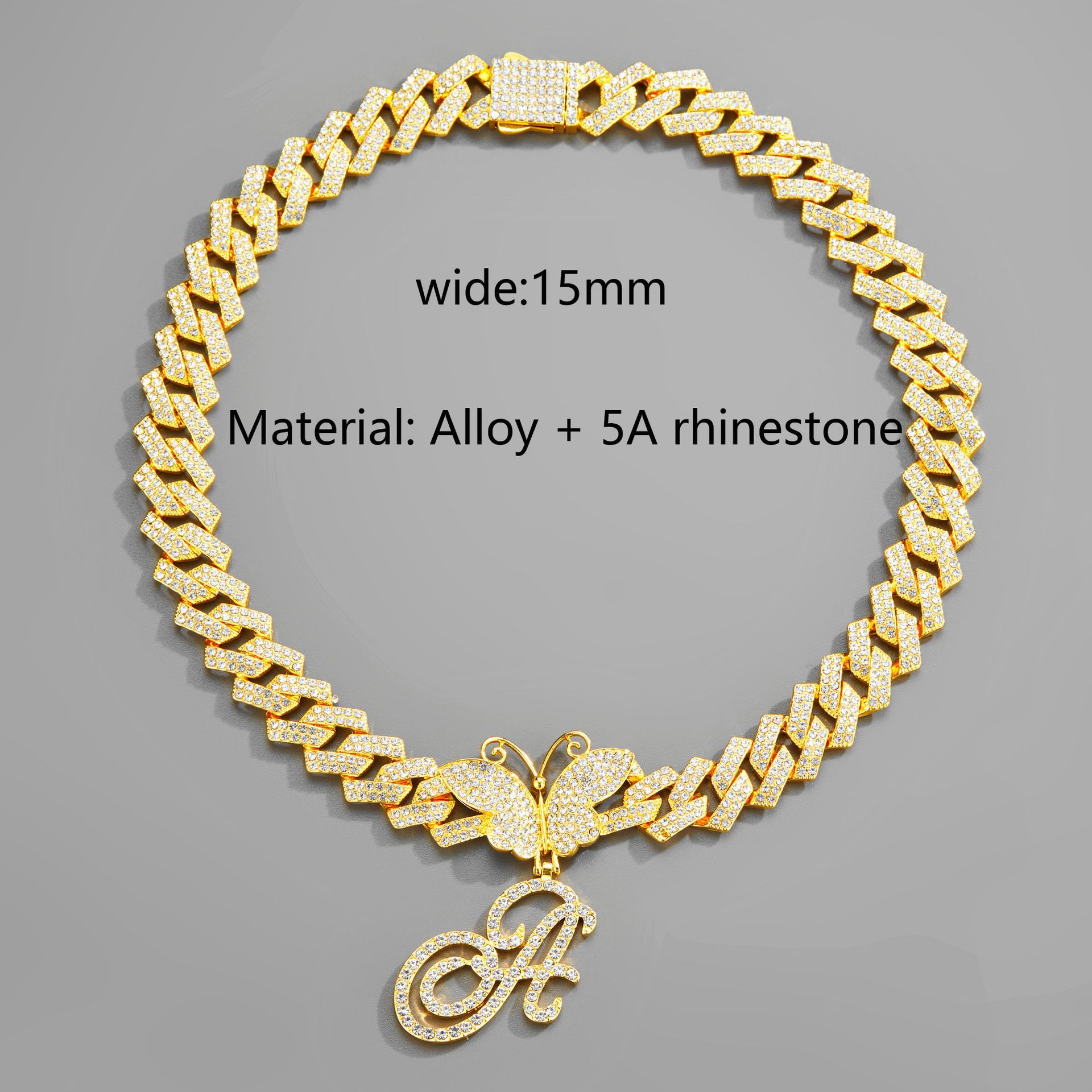 18inch Cuban Chain Butterfly Letter Full Diamond Pendant Cuban Chain Personalized Exaggerated Thick Chain Hiphop Jewelry