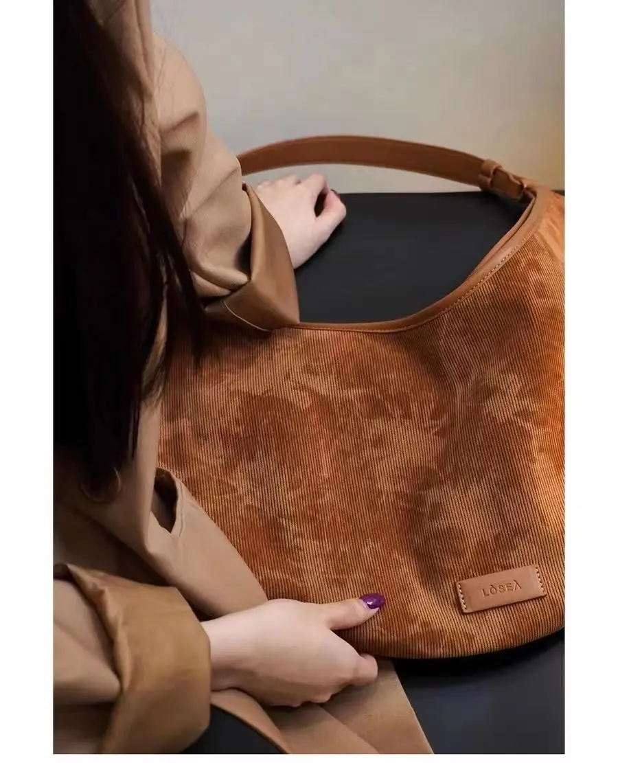 Women's Corduroy Small Shoulder Bag Solid Color Student School Bag Bag Winter Retro Travel Handbags Tote Bags