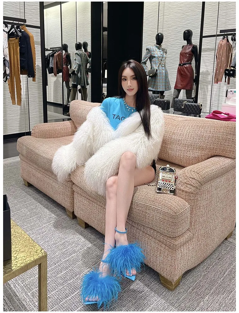 Spring and Summer New Women's Feather High Heels Versatile Strap Pointed Thin Heel Sandals