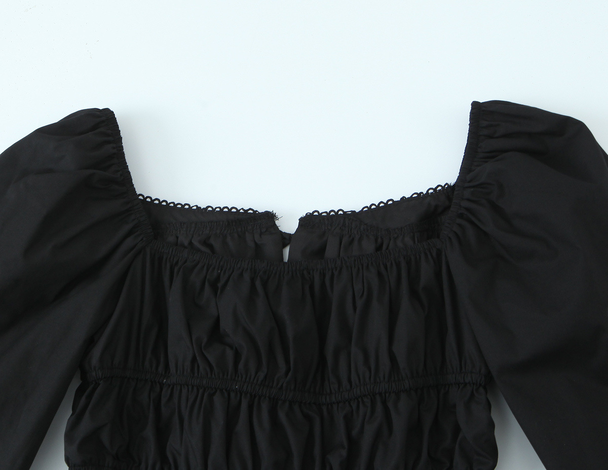 Square Neck Tied Lace Elastic Waist Three-Quarter Sleeve Dress