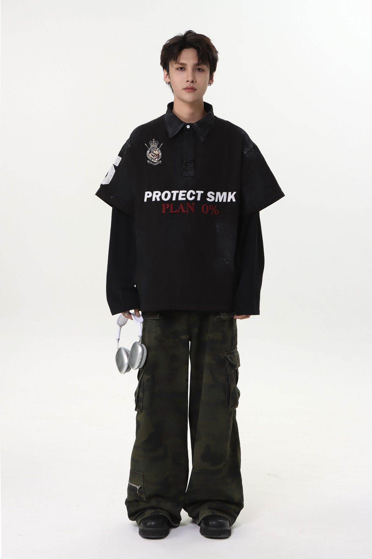 Heavyweight Cotton Long Sleeve Faux-Layered Button-Up Letter Hoodie