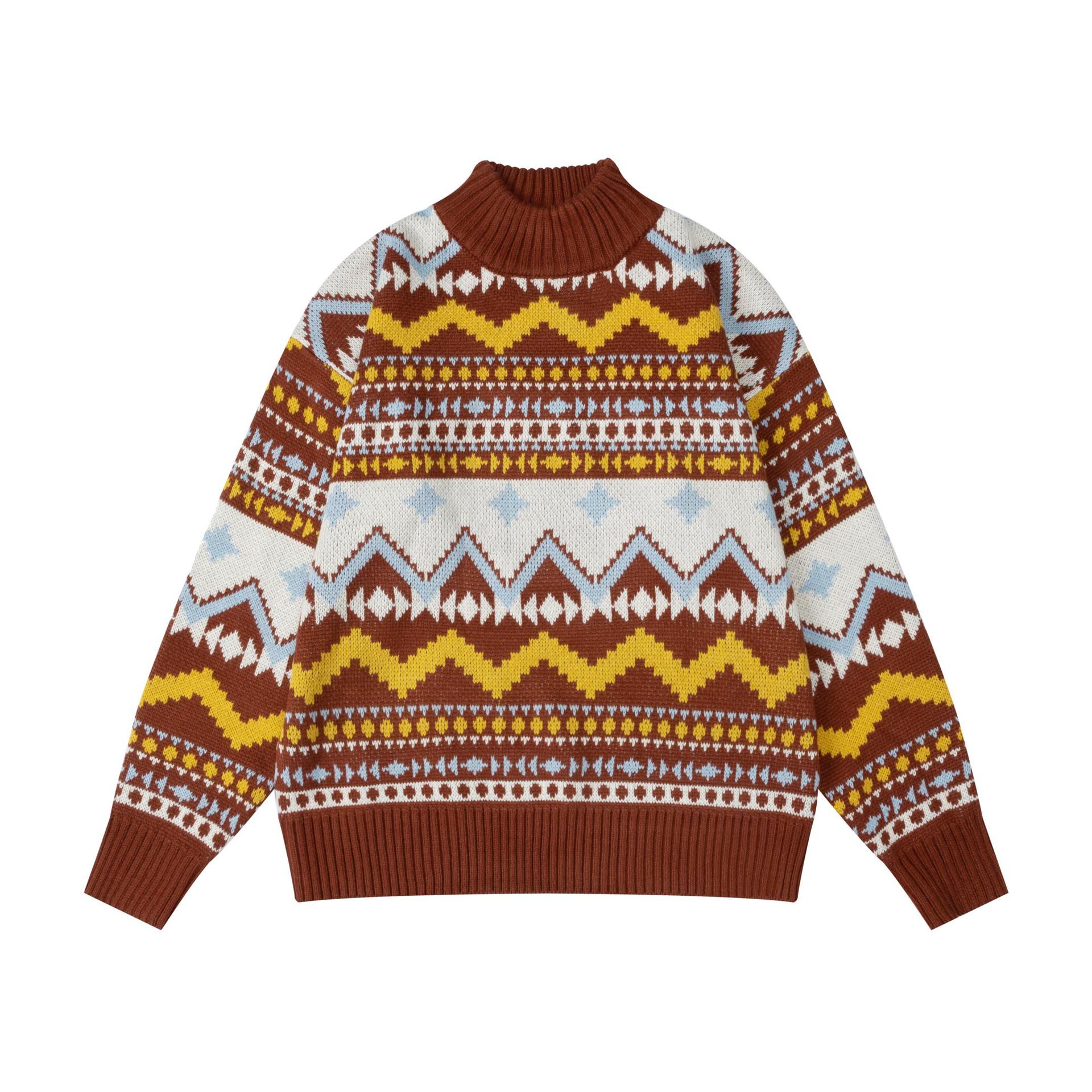 Retro Print Long Sleeve Stand Collar Sweater