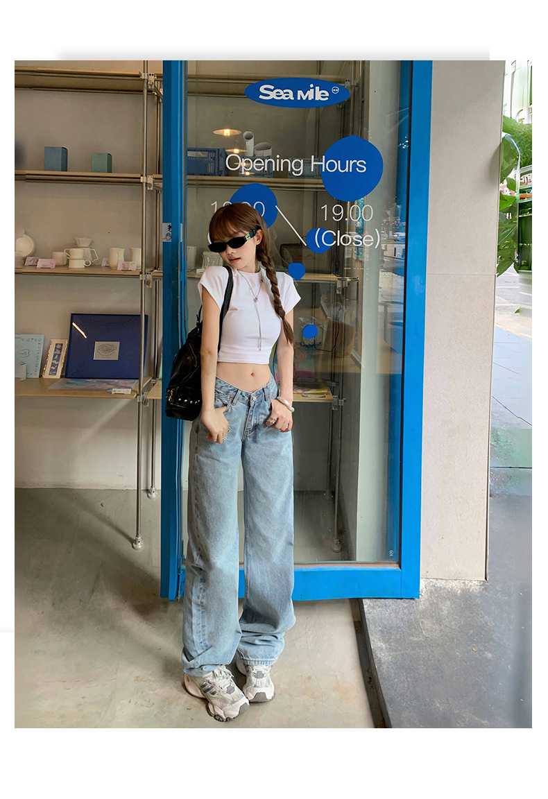 Washed Blue V-neck Waist Straight Leg Jeans Women Loose Slimming High-waisted Versatile Drape Floor-length Pants