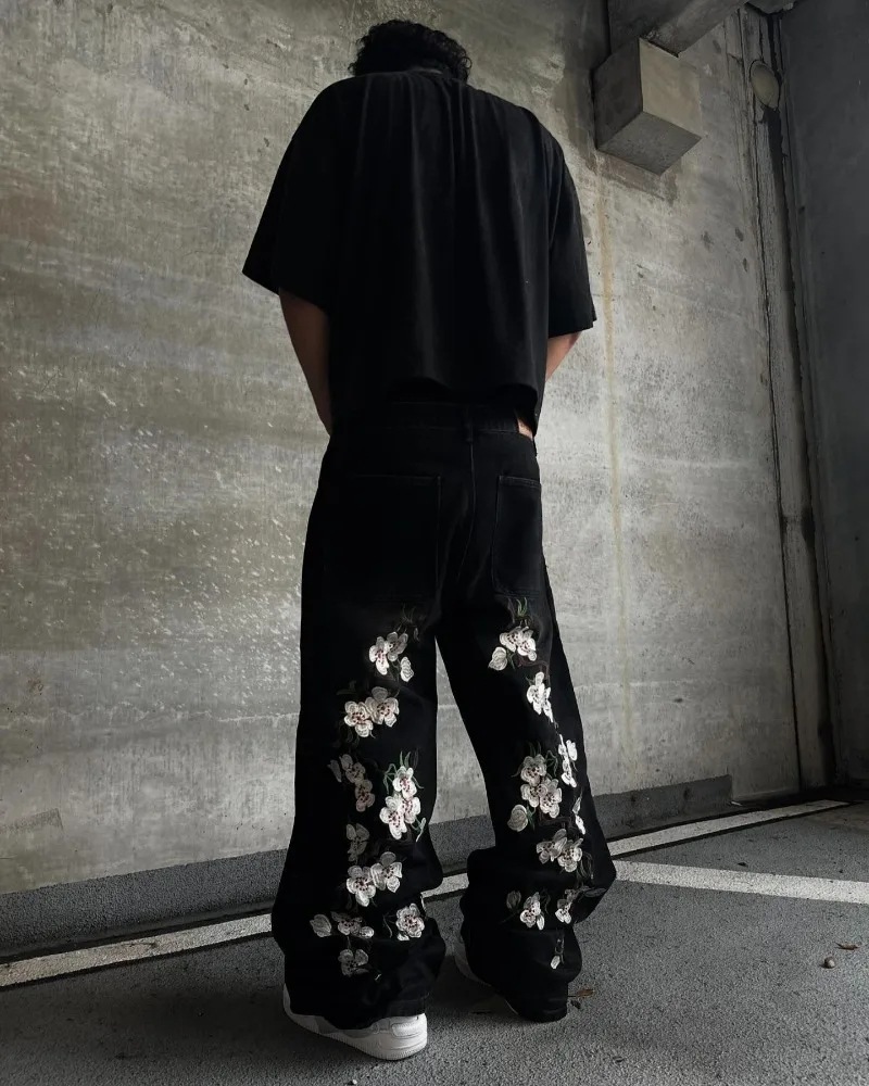 Floral Embroidery Design Denim Pants Street Hip-hop Pocket Wide-leg Pants Loose Long Pants Trendy