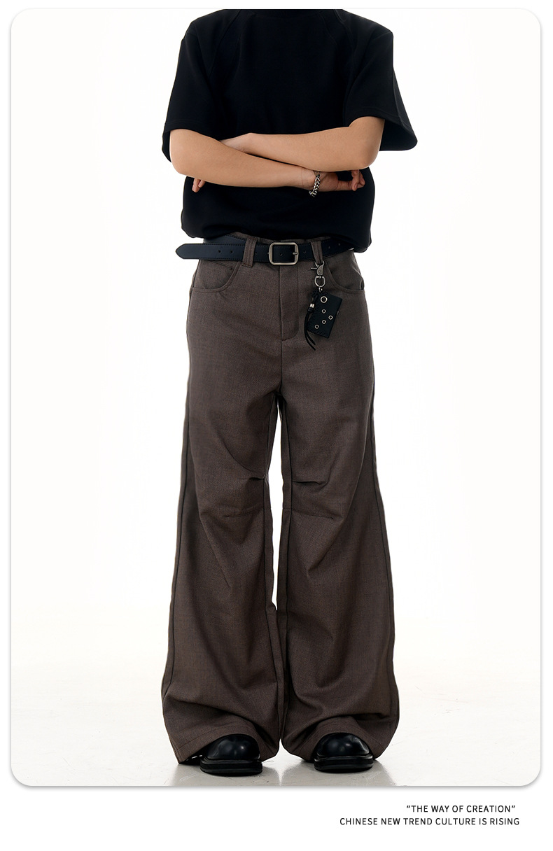 Flared Brown Trousers with Pleated Retro Design Loose Fit Casual Slim Long Pants