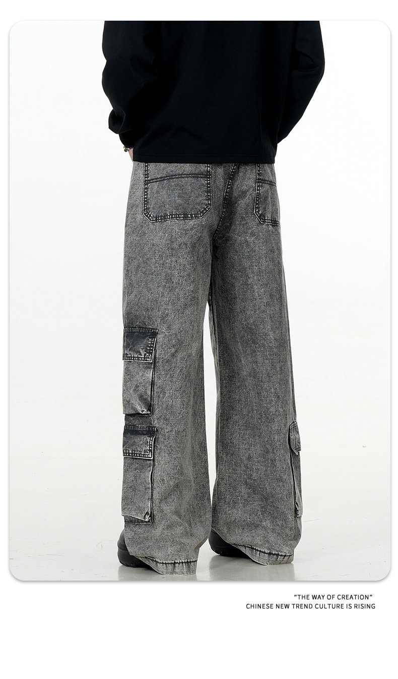 Washed Gray Workwear Jeans with Multiple Pockets for Men and Women