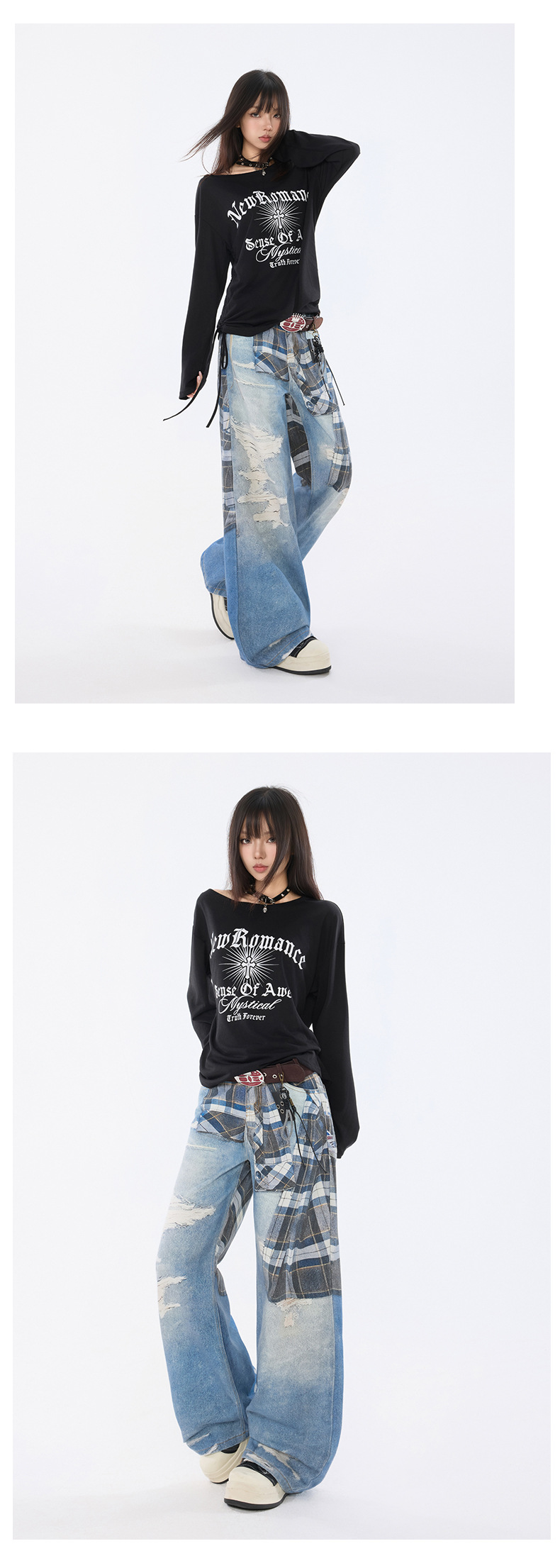 Women's Shirt Belted Printed Denim Pants Straight Leg Trousers Trendy