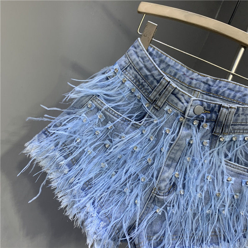 Tassel studded diamond washed denim shorts