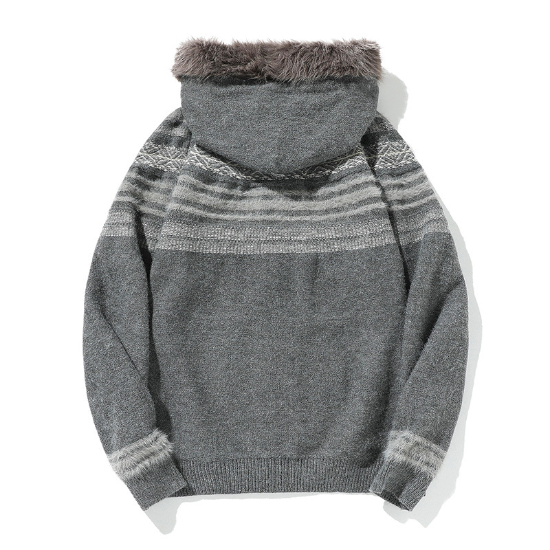 Matching Oversized Furry Trim Jacquard Knit Overcoat