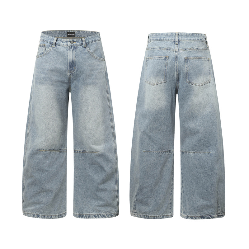 Street Casual Versatile Retro Pleated Washed Distressed Oversized Denim Pants Clean Fit Unisex Wide Leg Tapered Jeans