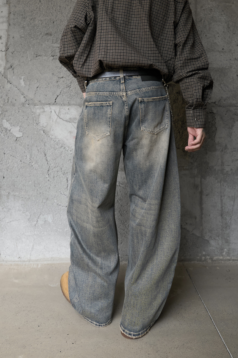 Washed Gradient Knife-Edge Denim Pants Men Streetwear High-Street Vibe Loose Straight Leg Wide Leg Pants