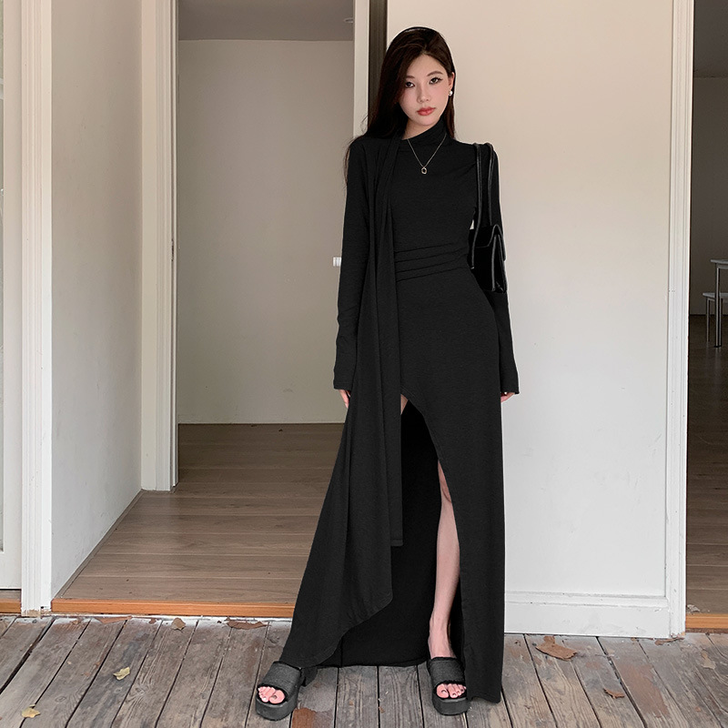 Mock Neck Full Sleeve Slit Fitted Dress
